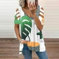 Женска Мода Обични Лабави Печати Краток Ракав V Вратот Патент Надвор Од Рамото Врвот Зелена