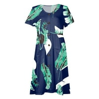 Женски Фустани V - Вратот Цветни А-Линија Коленото Должина Мода Лето Краток Ракав Фустан Зелена XL