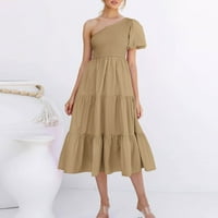 Женска Мода Со Кратки Ракави Со Средна Должина А-Линија Солидно Лето Фустан Со Едно Рамо Каки 2XL