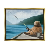 Стапче мечка риболов пол -езерски пристаниште животни и инсекти сликање златен пловиј врамен уметнички печатен wallид уметност