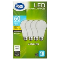 LED сијалица со одлична вредност, 9W A LAMP E средна основа, немоќна, мека бела, 4-пакет
