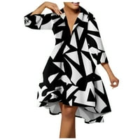 Дозвола Летни Фустани За Жени Должина На Коленото А-Линија Ракав Мода V-Вратот Печатени Фустан Црна 2XL